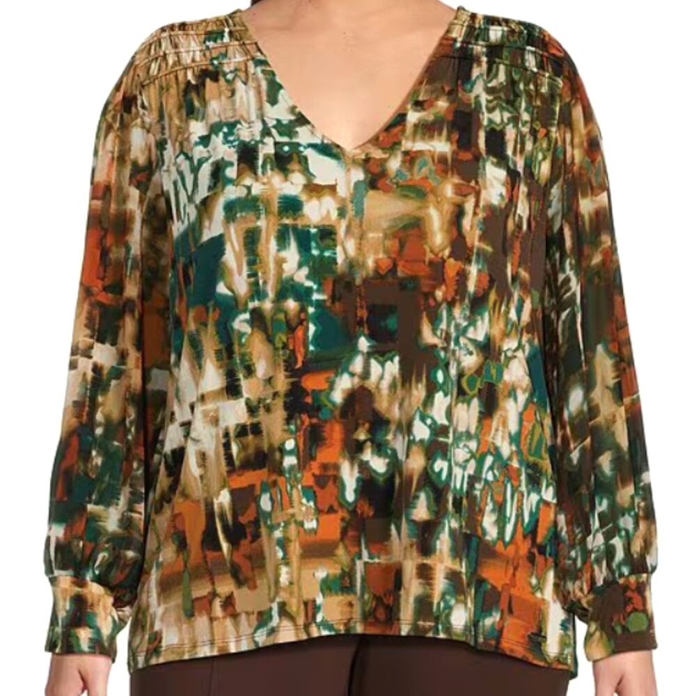 Calvin Klein Matte Jersey Printed V-Neck Chiffon Sleeve Blouse 2X